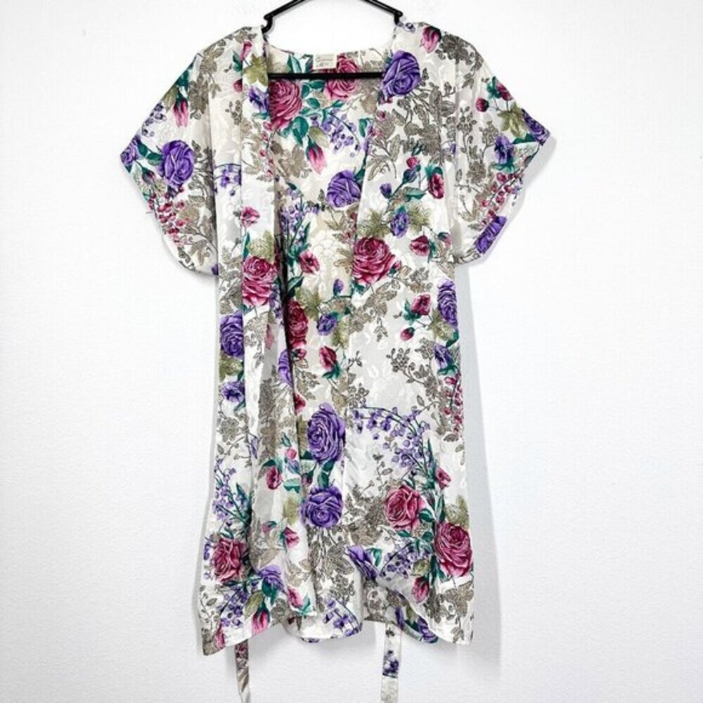 Vintage California Miss Womans Slick Satin Robe Ivory Floral Robe Slip Set